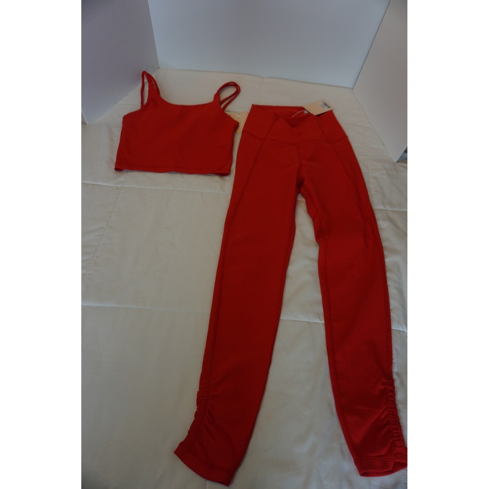 Wilo The Label Fire Red Ribbed Activewear Set XS Tank Top and Ruched Leggings - Picture 2 of 9